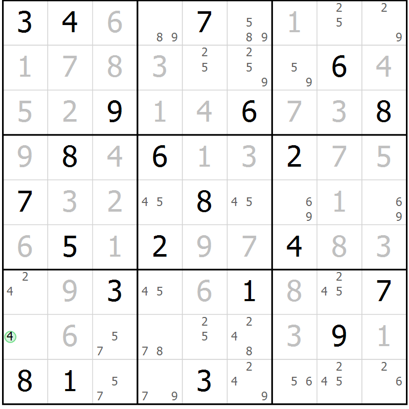 Position des candidats pour la solution de la Gr 116 page 119 du magazine de sudoku Giga sudoku niv 6-8 n° 024