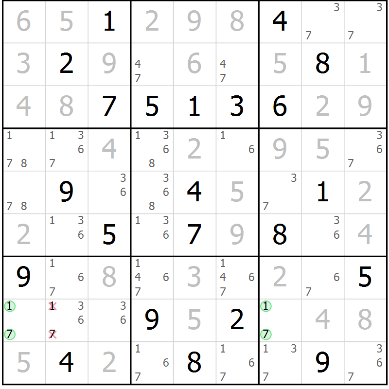 Position des candidats pour la solution de la Gr 118 page 121 du magazine de sudoku Giga sudoku niv 6-8 n° 024