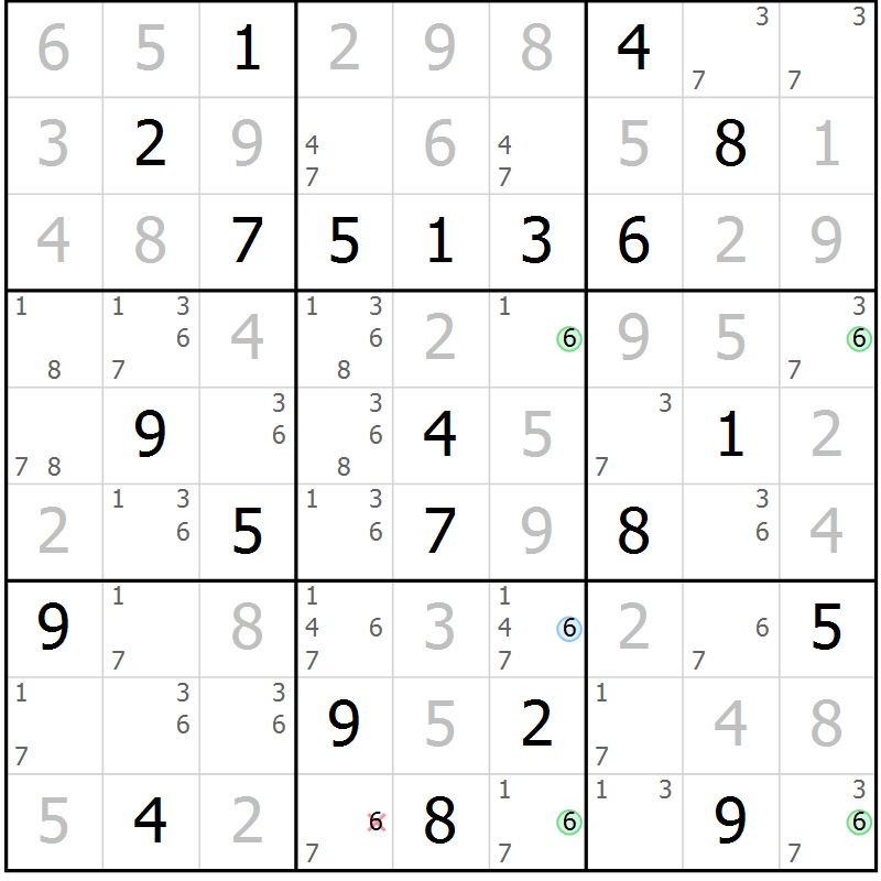 Position des candidats pour la solution de la Gr 118 page 121 du magazine de sudoku Giga sudoku niv 6-8 n° 024