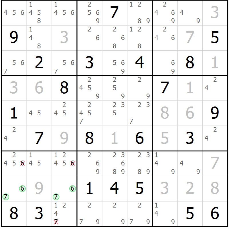 Position des candidats pour la solution de la Gr 119 page 122 du magazine de sudoku Giga sudoku niv 6-8 n° 024