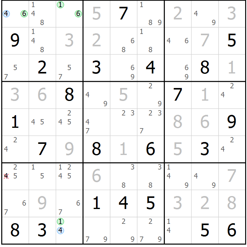 Position des candidats pour la solution de la Gr 119 page 122 du magazine de sudoku Giga sudoku niv 6-8 n° 024