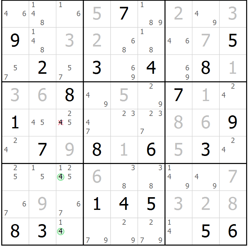 Position des candidats pour la solution de la Gr 119 page 122 du magazine de sudoku Giga sudoku niv 6-8 n° 024
