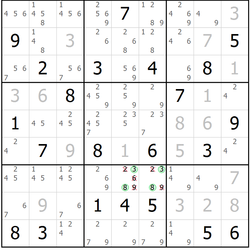 Position des candidats pour la solution de la Gr 119 page 122 du magazine de sudoku Giga sudoku niv 6-8 n° 024