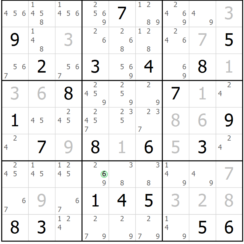 Position des candidats pour la solution de la Gr 119 page 122 du magazine de sudoku Giga sudoku niv 6-8 n° 024