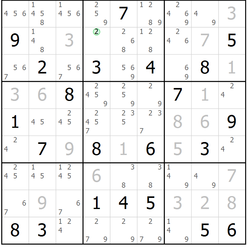 Position des candidats pour la solution de la Gr 119 page 122 du magazine de sudoku Giga sudoku niv 6-8 n° 024