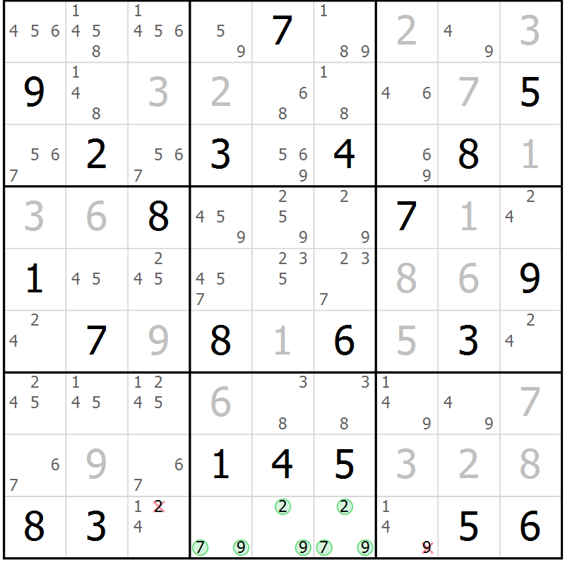 Position des candidats pour la solution de la Gr 119 page 122 du magazine de sudoku Giga sudoku niv 6-8 n° 024