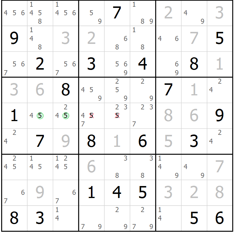 Position des candidats pour la solution de la Gr 119 page 122 du magazine de sudoku Giga sudoku niv 6-8 n° 024