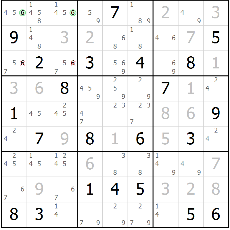 Position des candidats pour la solution de la Gr 119 page 122 du magazine de sudoku Giga sudoku niv 6-8 n° 024