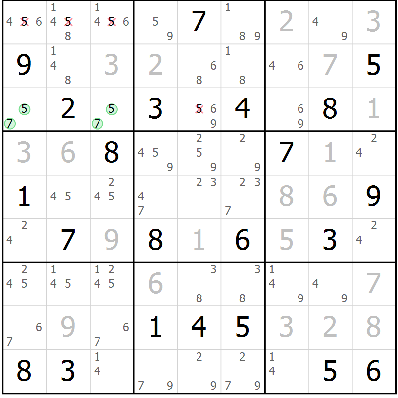 Position des candidats pour la solution de la Gr 119 page 122 du magazine de sudoku Giga sudoku niv 6-8 n° 024