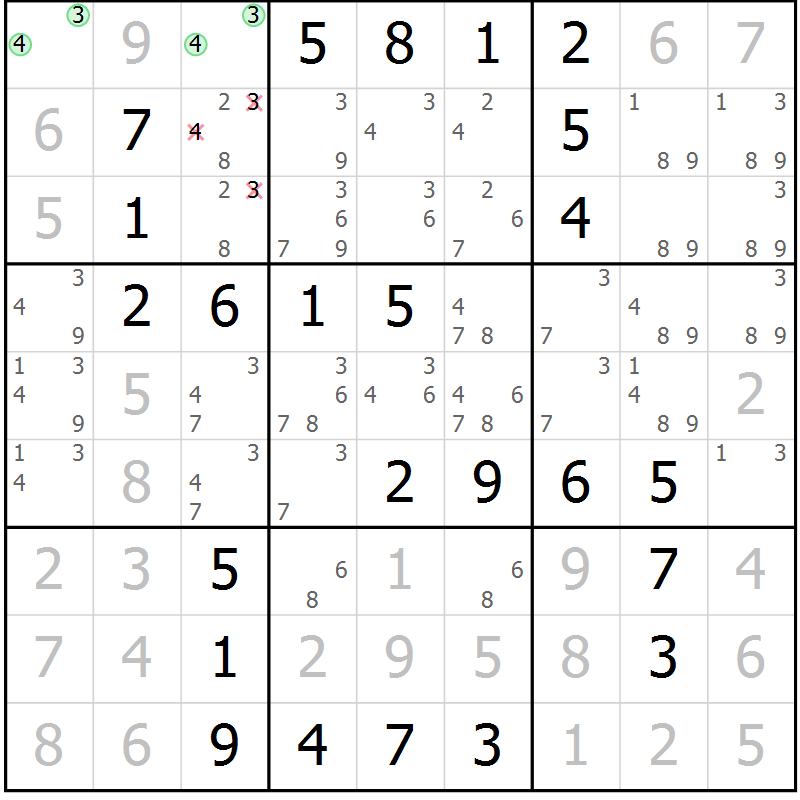 Position des candidats pour la solution de la Gr 12 page 15 du magazine de sudoku Giga sudoku niv 6-8 n° 024