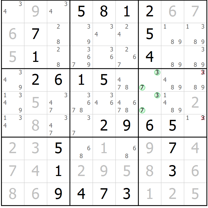 Position des candidats pour la solution de la Gr 12 page 15 du magazine de sudoku Giga sudoku niv 6-8 n° 024