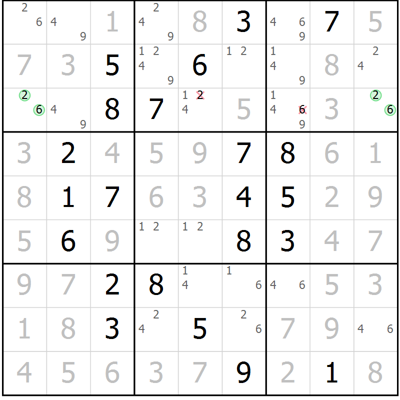 Position des candidats pour la solution de la Gr 120 page 123 du magazine de sudoku Giga sudoku niv 6-8 n° 024