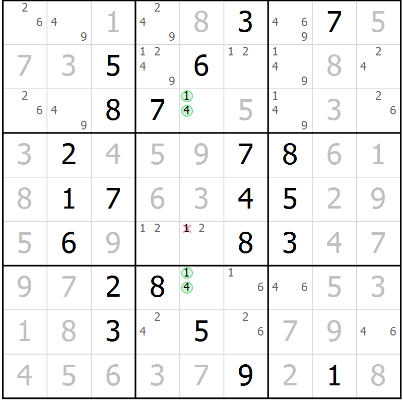 Position des candidats pour la solution de la Gr 120 page 123 du magazine de sudoku Giga sudoku niv 6-8 n° 024