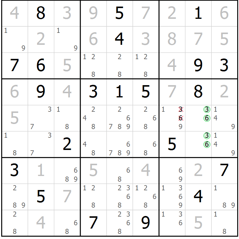 Position des candidats pour la solution de la Gr 121 page 124 du magazine de sudoku Giga sudoku niv 6-8 n° 024