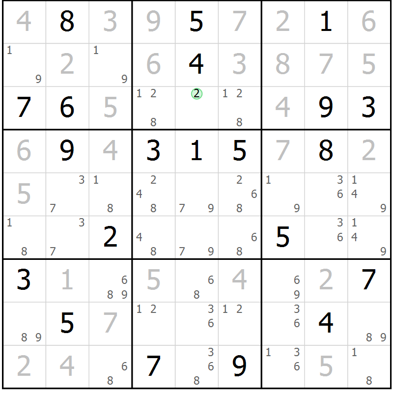 Position des candidats pour la solution de la Gr 121 page 124 du magazine de sudoku Giga sudoku niv 6-8 n° 024