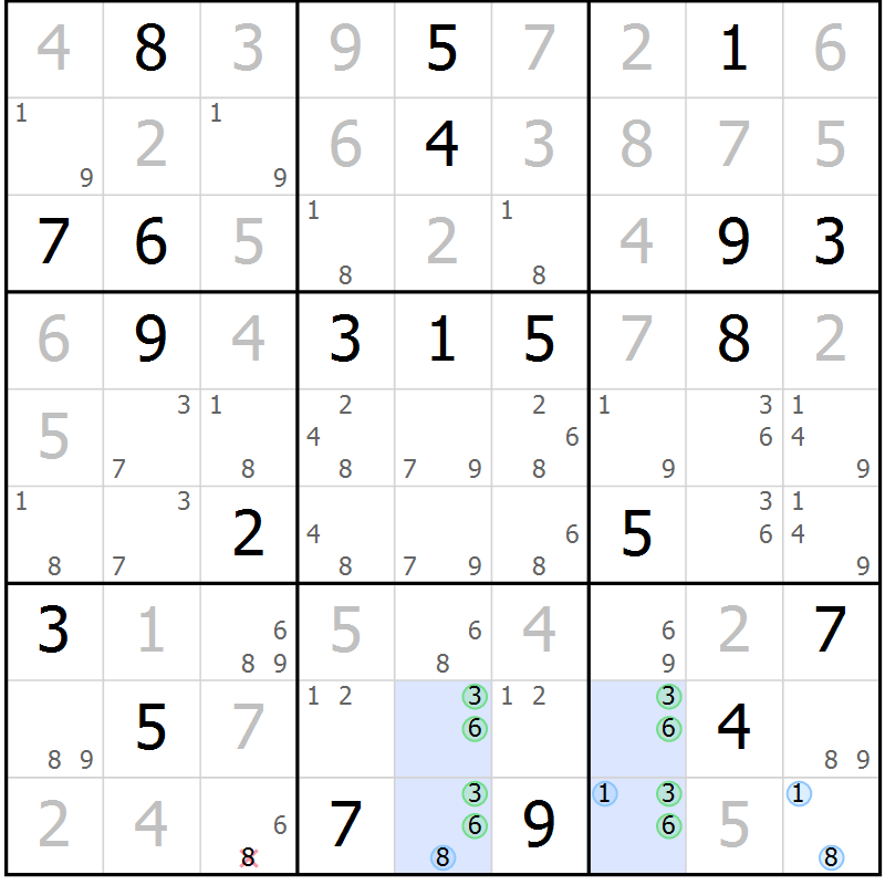Position des candidats pour la solution de la Gr 121 page 124 du magazine de sudoku Giga sudoku niv 6-8 n° 024