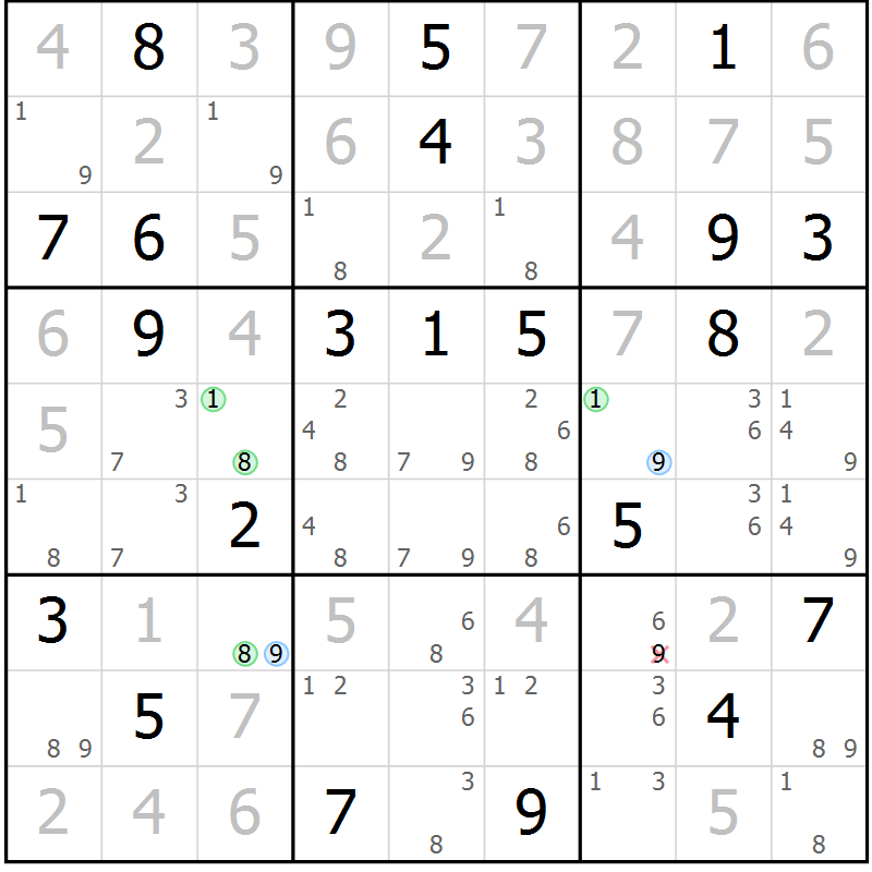 Position des candidats pour la solution de la Gr 121 page 124 du magazine de sudoku Giga sudoku niv 6-8 n° 024