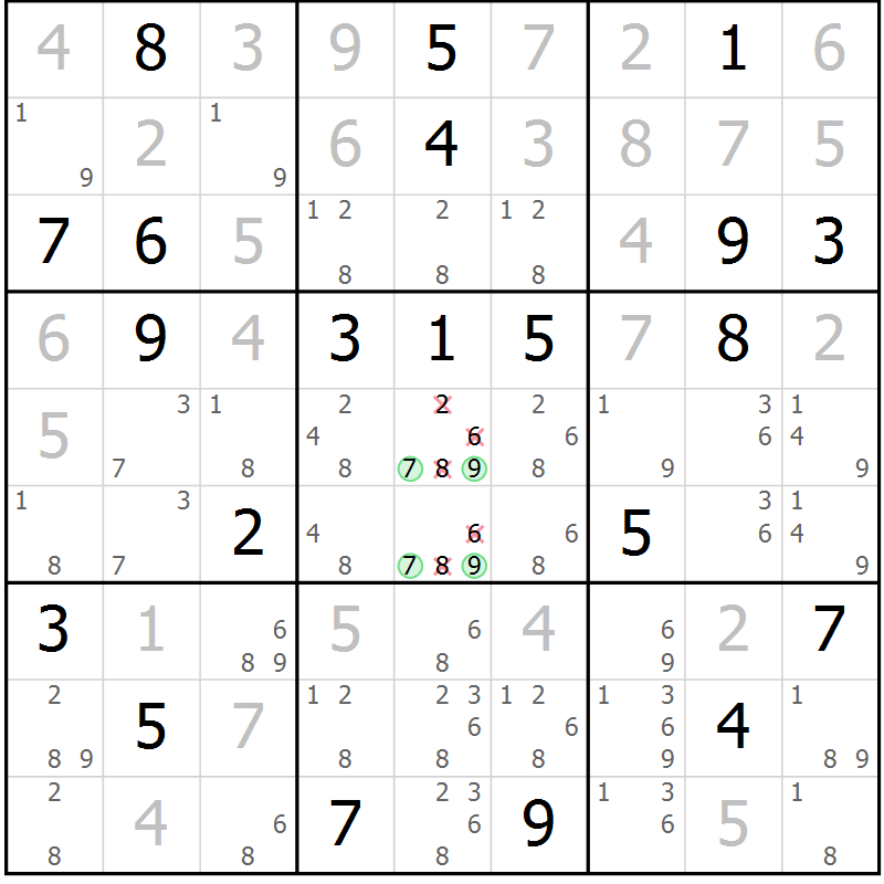 Position des candidats pour la solution de la Gr 121 page 124 du magazine de sudoku Giga sudoku niv 6-8 n° 024