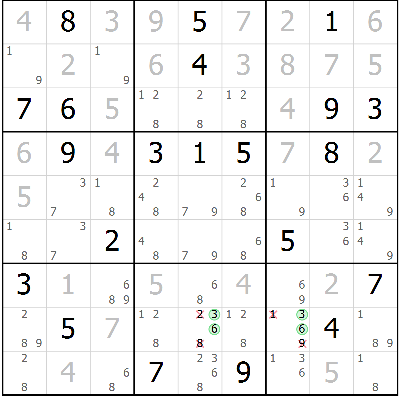 Position des candidats pour la solution de la Gr 121 page 124 du magazine de sudoku Giga sudoku niv 6-8 n° 024