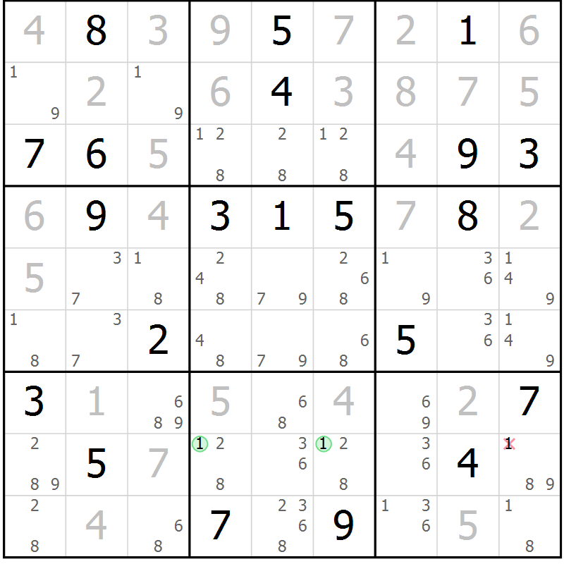Position des candidats pour la solution de la Gr 121 page 124 du magazine de sudoku Giga sudoku niv 6-8 n° 024