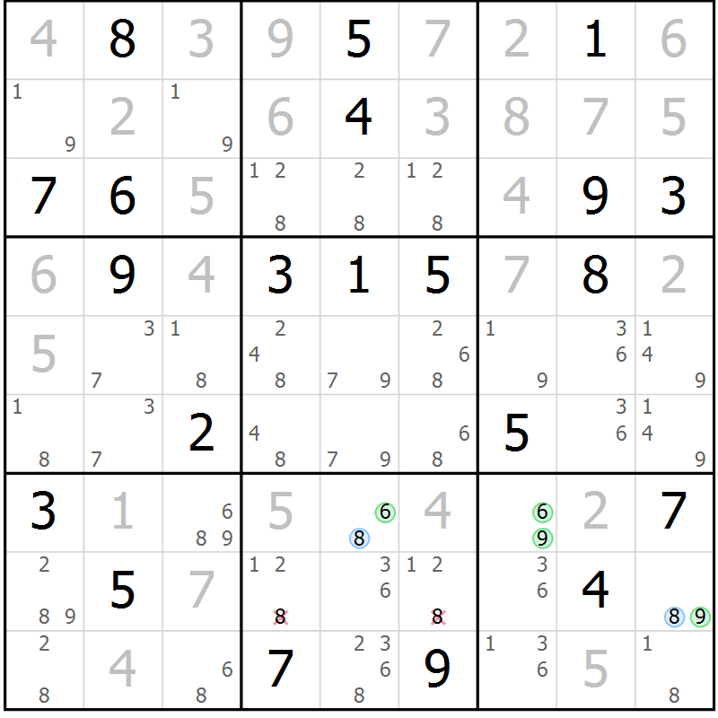 Position des candidats pour la solution de la Gr 121 page 124 du magazine de sudoku Giga sudoku niv 6-8 n° 024