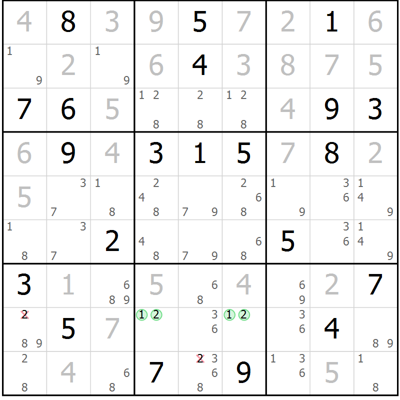 Position des candidats pour la solution de la Gr 121 page 124 du magazine de sudoku Giga sudoku niv 6-8 n° 024