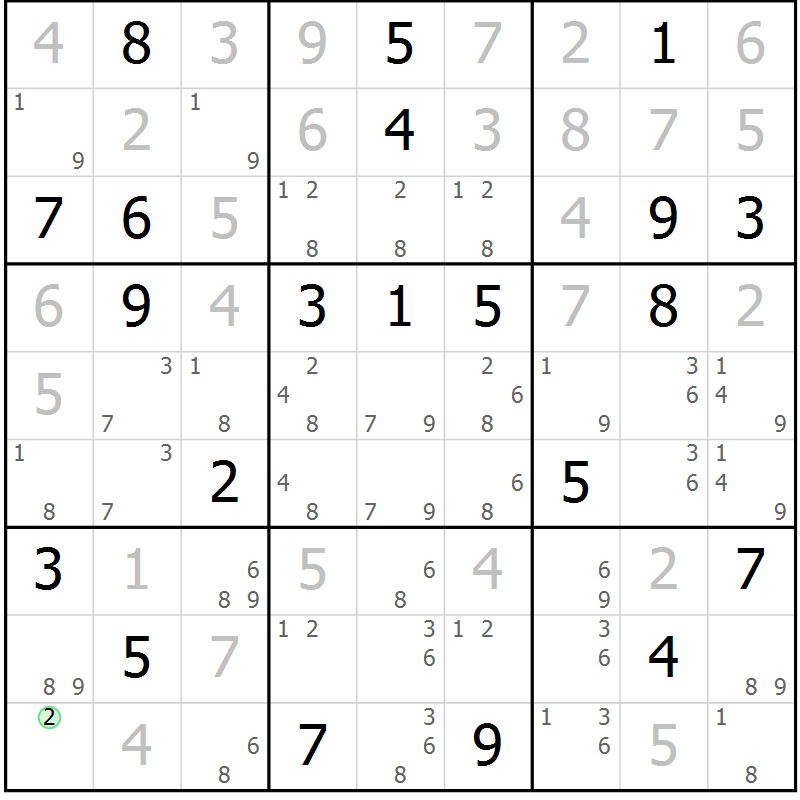 Position des candidats pour la solution de la Gr 121 page 124 du magazine de sudoku Giga sudoku niv 6-8 n° 024