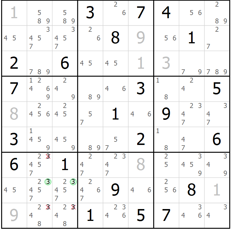 Position des candidats pour la solution de la Gr 122 page 125 du magazine de sudoku Giga sudoku niv 6-8 n° 024