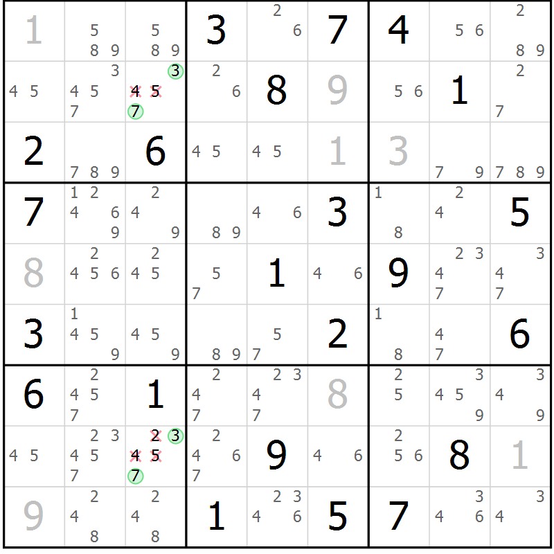 Position des candidats pour la solution de la Gr 122 page 125 du magazine de sudoku Giga sudoku niv 6-8 n° 024