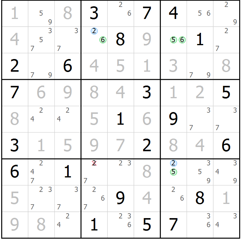 Position des candidats pour la solution de la Gr 122 page 125 du magazine de sudoku Giga sudoku niv 6-8 n° 024