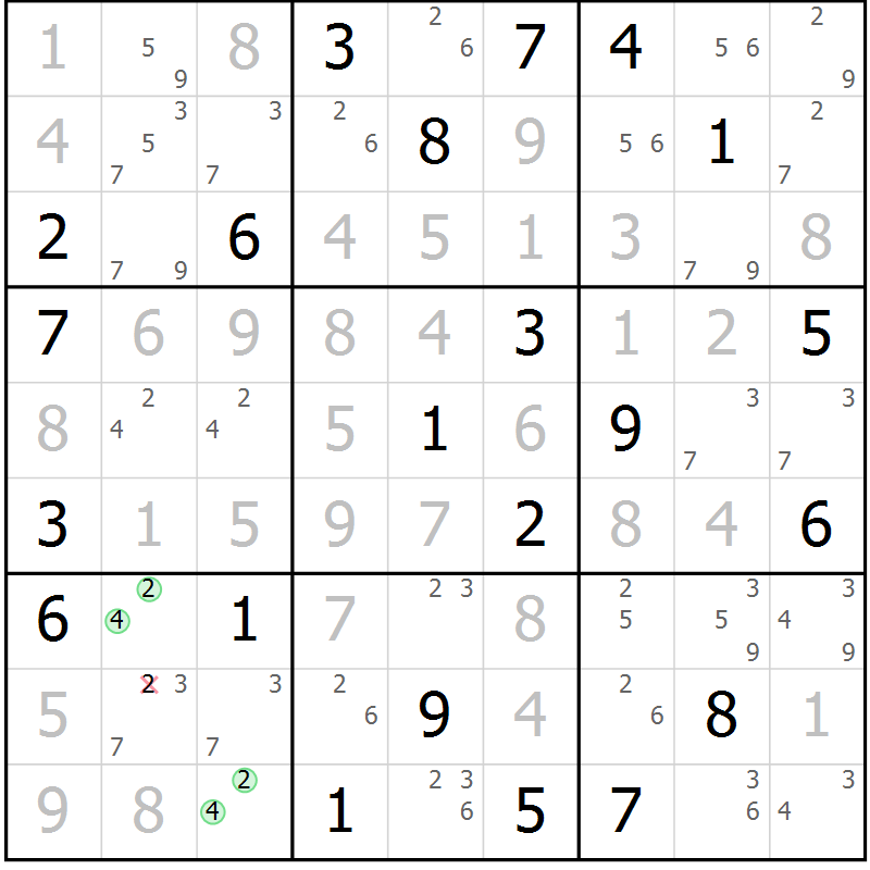 Position des candidats pour la solution de la Gr 122 page 125 du magazine de sudoku Giga sudoku niv 6-8 n° 024