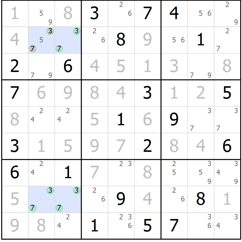 Position des candidats pour la solution de la Gr 122 page 125 du magazine de sudoku Giga sudoku niv 6-8 n° 024