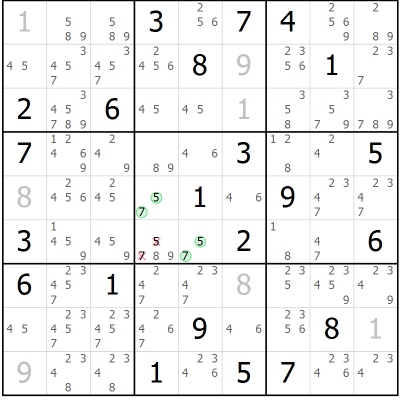 Position des candidats pour la solution de la Gr 122 page 125 du magazine de sudoku Giga sudoku niv 6-8 n° 024