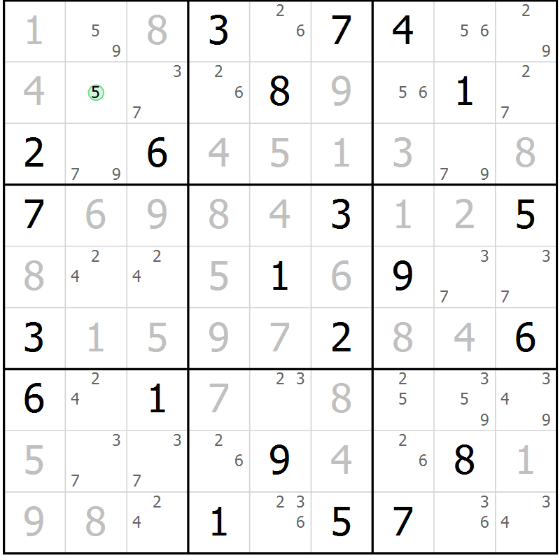 Position des candidats pour la solution de la Gr 122 page 125 du magazine de sudoku Giga sudoku niv 6-8 n° 024
