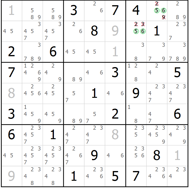 Position des candidats pour la solution de la Gr 122 page 125 du magazine de sudoku Giga sudoku niv 6-8 n° 024