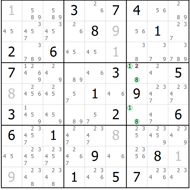 Position des candidats pour la solution de la Gr 122 page 125 du magazine de sudoku Giga sudoku niv 6-8 n° 024