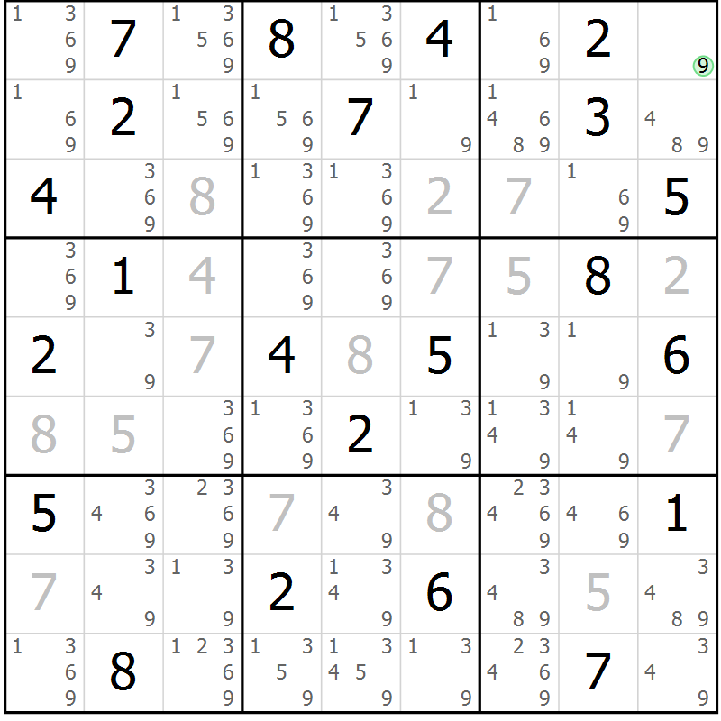 Position des candidats pour la solution de la Gr 123 page 126 du magazine de sudoku Giga sudoku niv 6-8 n° 024