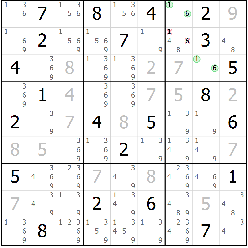 Position des candidats pour la solution de la Gr 123 page 126 du magazine de sudoku Giga sudoku niv 6-8 n° 024