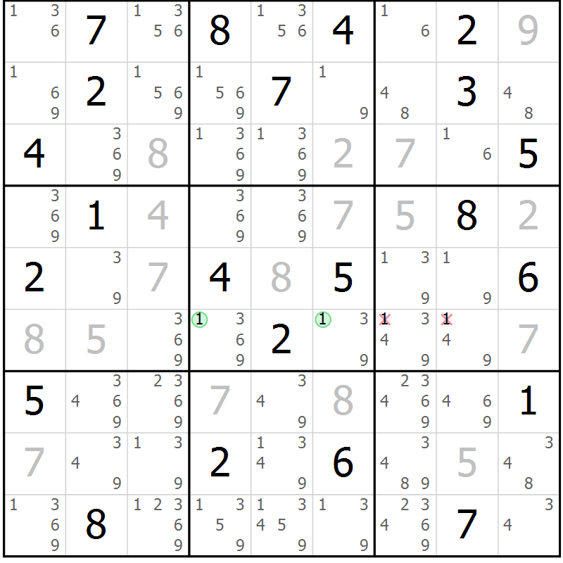Position des candidats pour la solution de la Gr 123 page 126 du magazine de sudoku Giga sudoku niv 6-8 n° 024