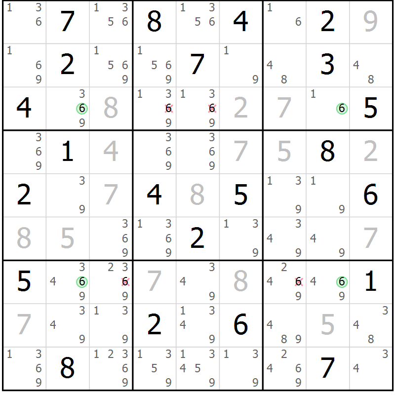 Position des candidats pour la solution de la Gr 123 page 126 du magazine de sudoku Giga sudoku niv 6-8 n° 024