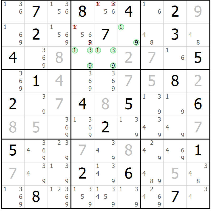 Position des candidats pour la solution de la Gr 123 page 126 du magazine de sudoku Giga sudoku niv 6-8 n° 024