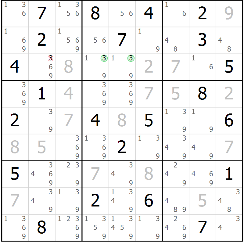 Position des candidats pour la solution de la Gr 123 page 126 du magazine de sudoku Giga sudoku niv 6-8 n° 024