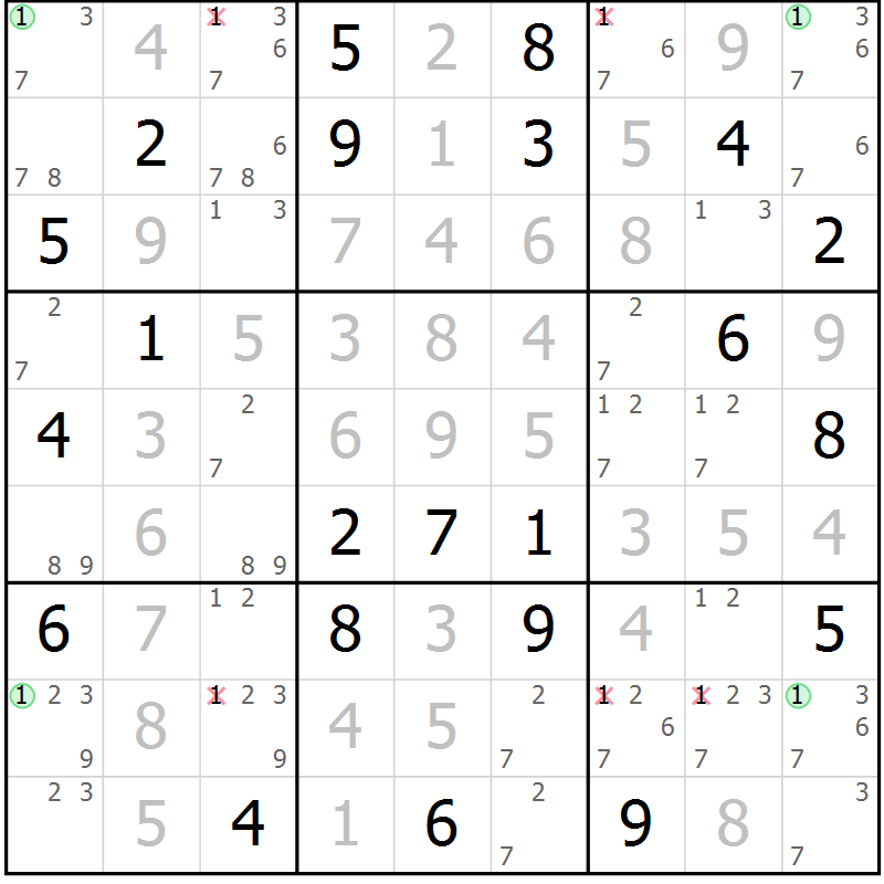 Position des candidats pour la solution de la Gr 124 page 127 du magazine de sudoku Giga sudoku niv 6-8 n° 024