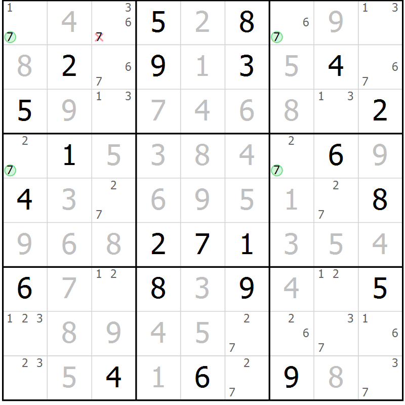 Position des candidats pour la solution de la Gr 124 page 127 du magazine de sudoku Giga sudoku niv 6-8 n° 024