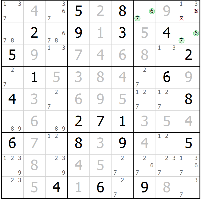Position des candidats pour la solution de la Gr 124 page 127 du magazine de sudoku Giga sudoku niv 6-8 n° 024