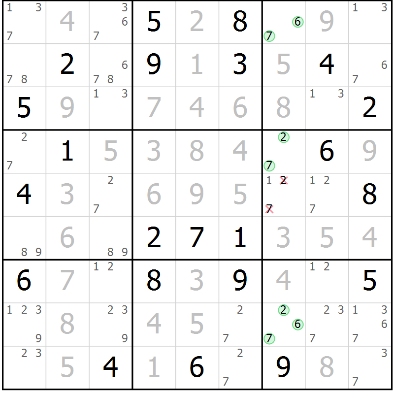 Position des candidats pour la solution de la Gr 124 page 127 du magazine de sudoku Giga sudoku niv 6-8 n° 024