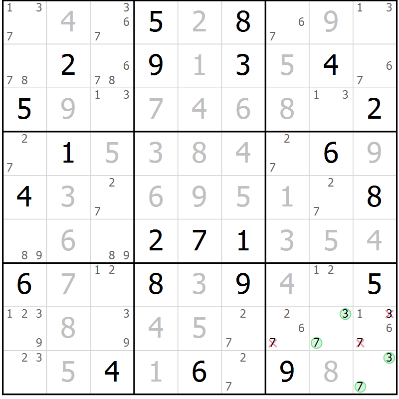 Position des candidats pour la solution de la Gr 124 page 127 du magazine de sudoku Giga sudoku niv 6-8 n° 024