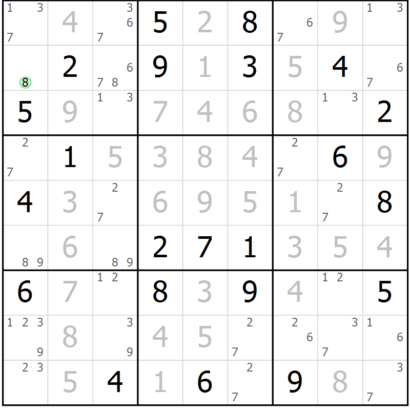 Position des candidats pour la solution de la Gr 124 page 127 du magazine de sudoku Giga sudoku niv 6-8 n° 024
