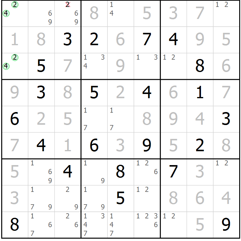 Position des candidats pour la solution de la Gr 125 page 128 du magazine de sudoku Giga sudoku niv 6-8 n° 024