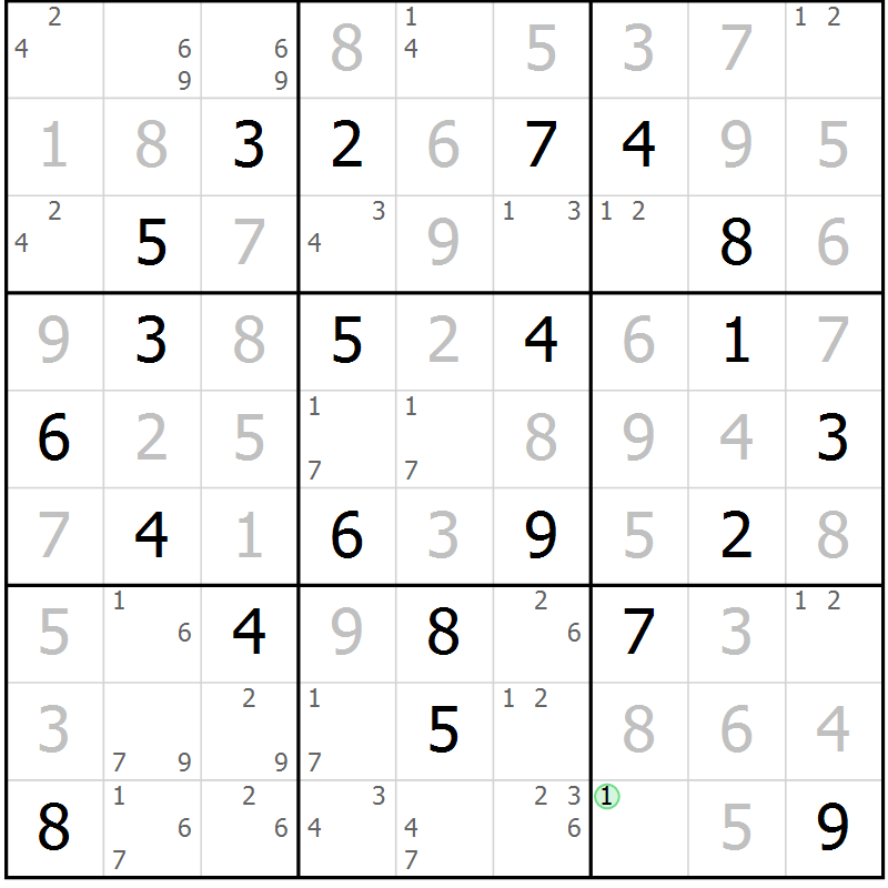 Position des candidats pour la solution de la Gr 125 page 128 du magazine de sudoku Giga sudoku niv 6-8 n° 024